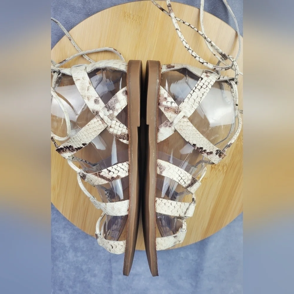 ALDO Womens Jaeryan Cream Gray‎ Leather Caged Strap Snake Print Flat Sandals 9